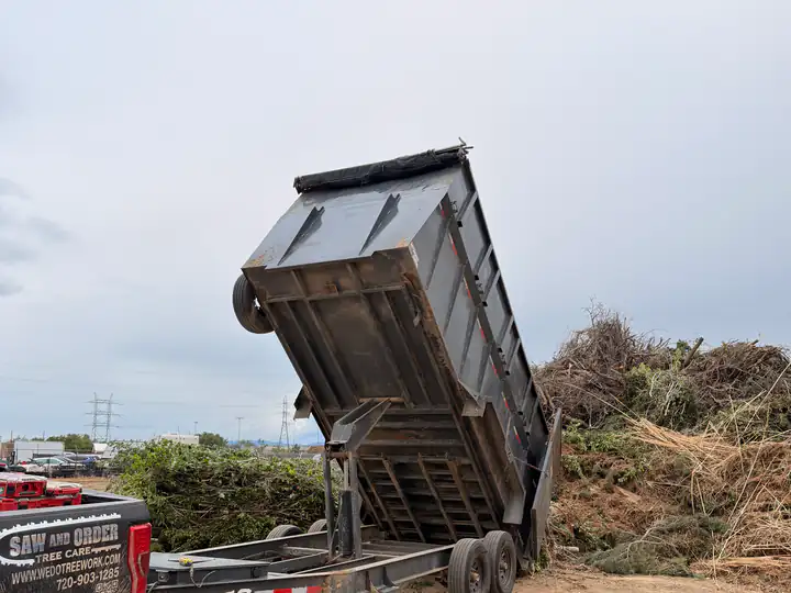 Land clearing in Aurora, CO: dump trailer unloading brush