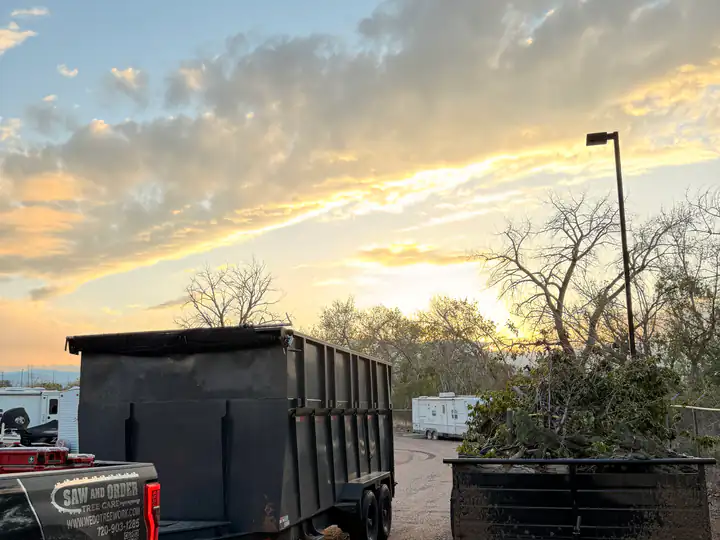 Land clearing in Greenwood Village, CO: trailer loaded with brush at sunset