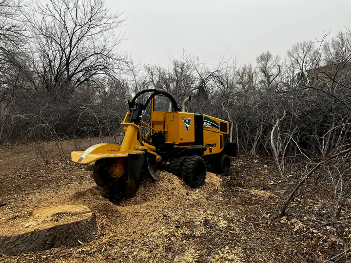 Land and lot clearing: stump grinder working in a cleared scrub lot